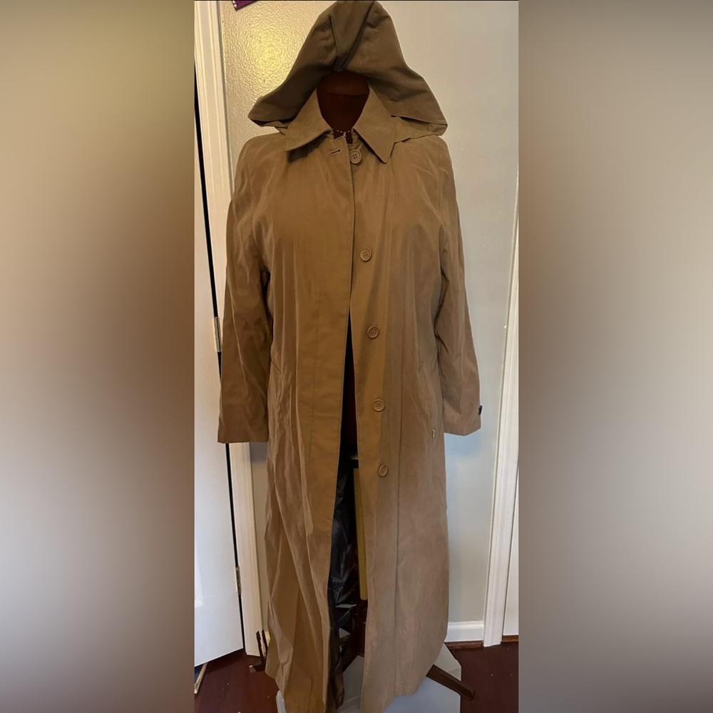 London Fog Brandy Classic Moss Microfiber Removable Hood Trench Size 6 NWOT